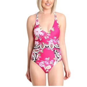 Nanette Lepore One Piece Bathing Swim Suit Pink Rose Print 8
